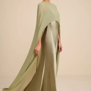 Elegant Olive Green Cape-Effect Evening Gown